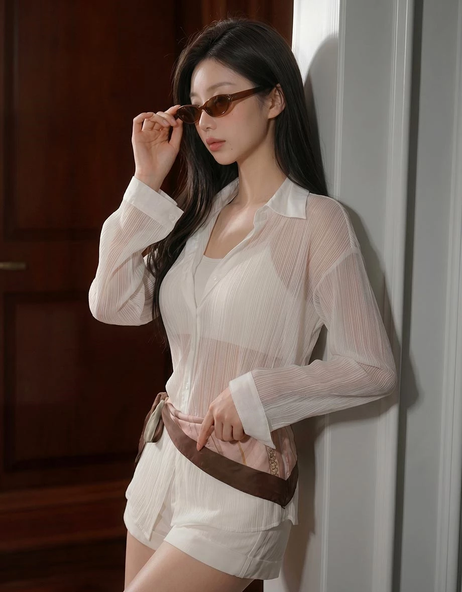 Sheer Stripe Button Up Collared Shirt Blouse