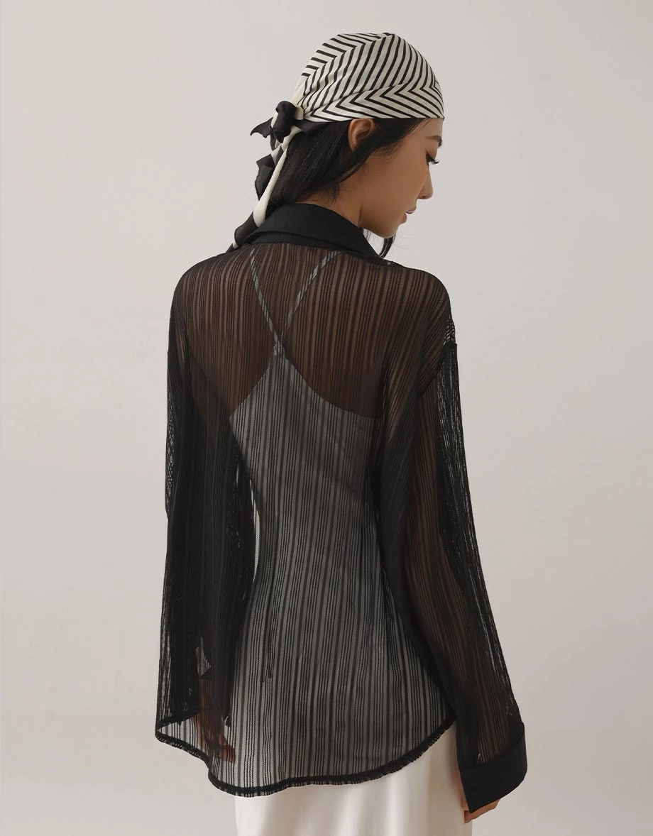Sheer Stripe Button Up Collared Shirt Blouse Sheer Stripe Button Up Collared Shirt Blouse