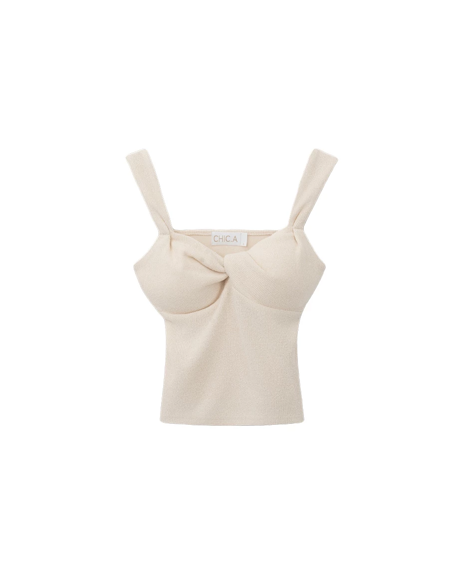 Wide Strap Twist Front Knit Bustier Padded Cami Bra Top