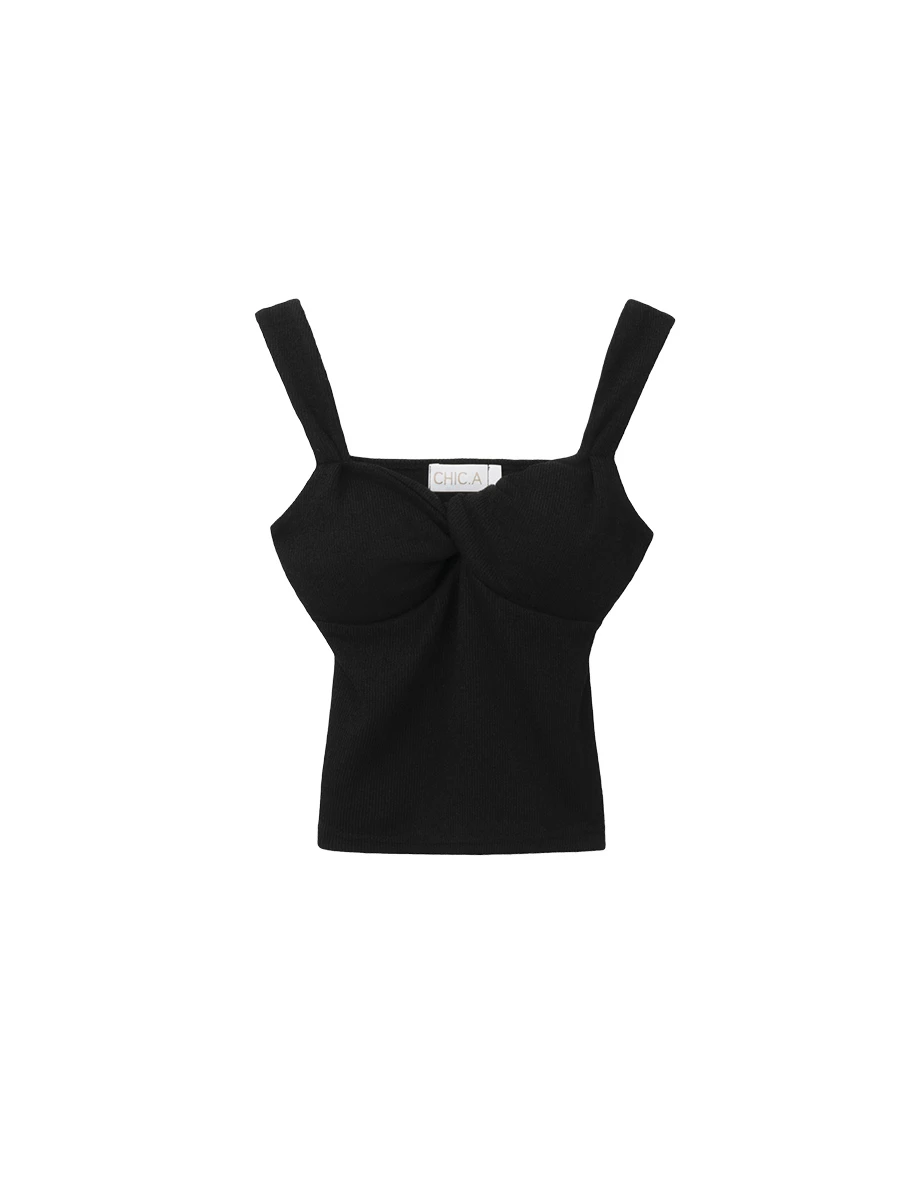 Wide Strap Twist Front Knit Bustier Padded Cami Bra Top