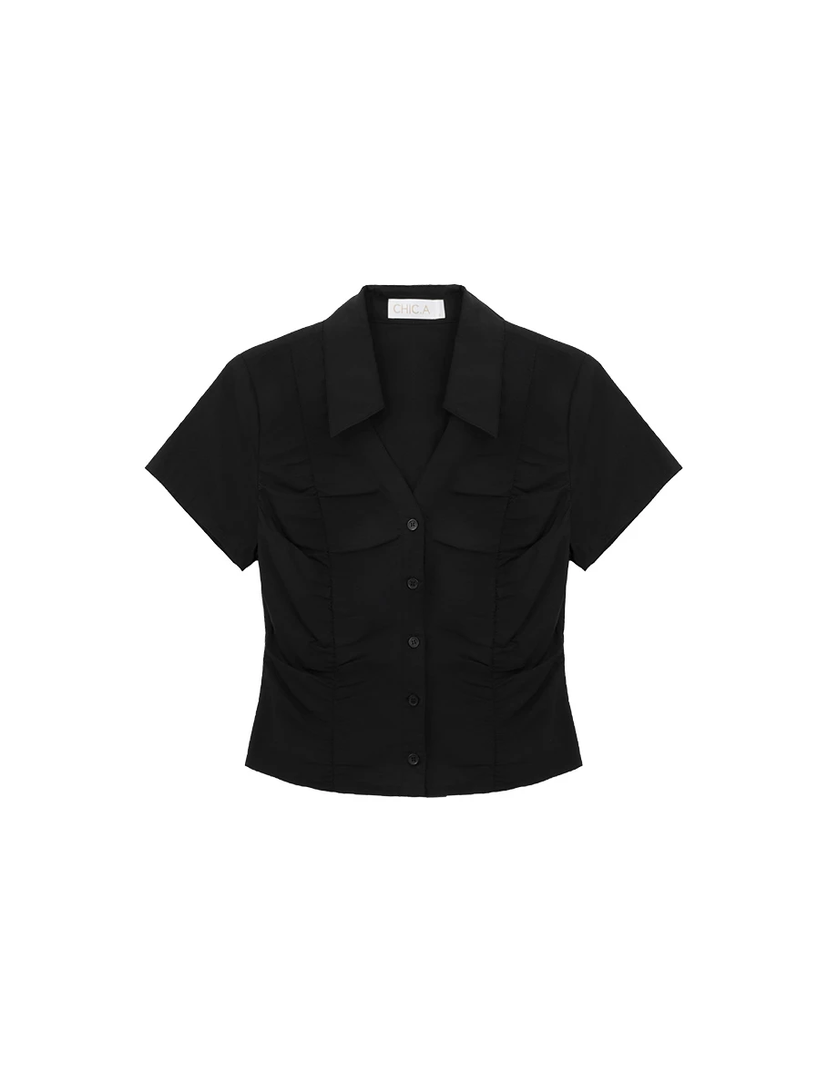 Front Ruched Open Collar Crop Shirt Blouse