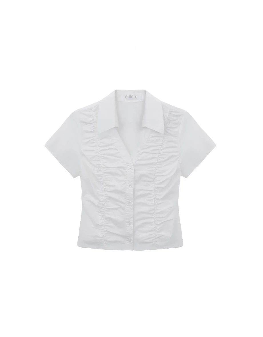 Front Ruched Open Collar Crop Shirt Blouse