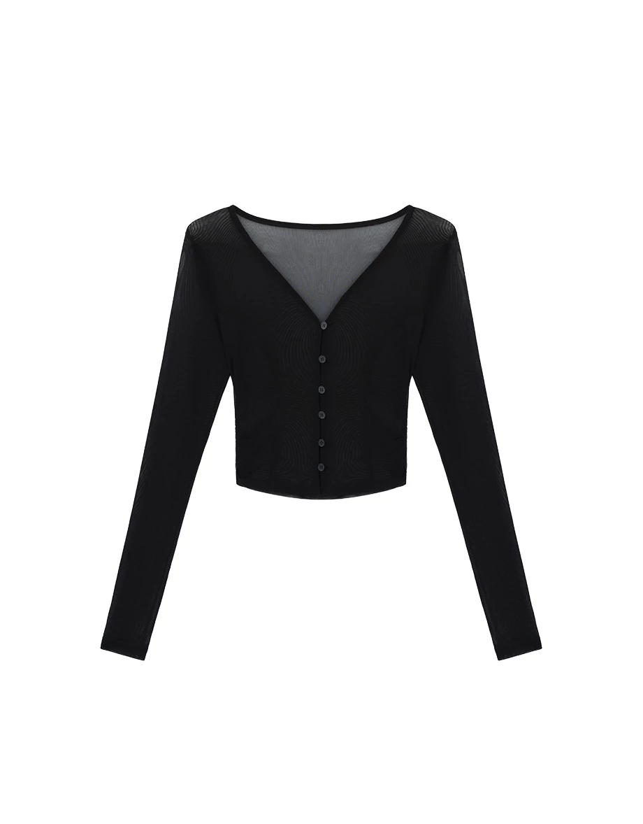 Sheer Mesh V Neck Button Front Crop Cardigan