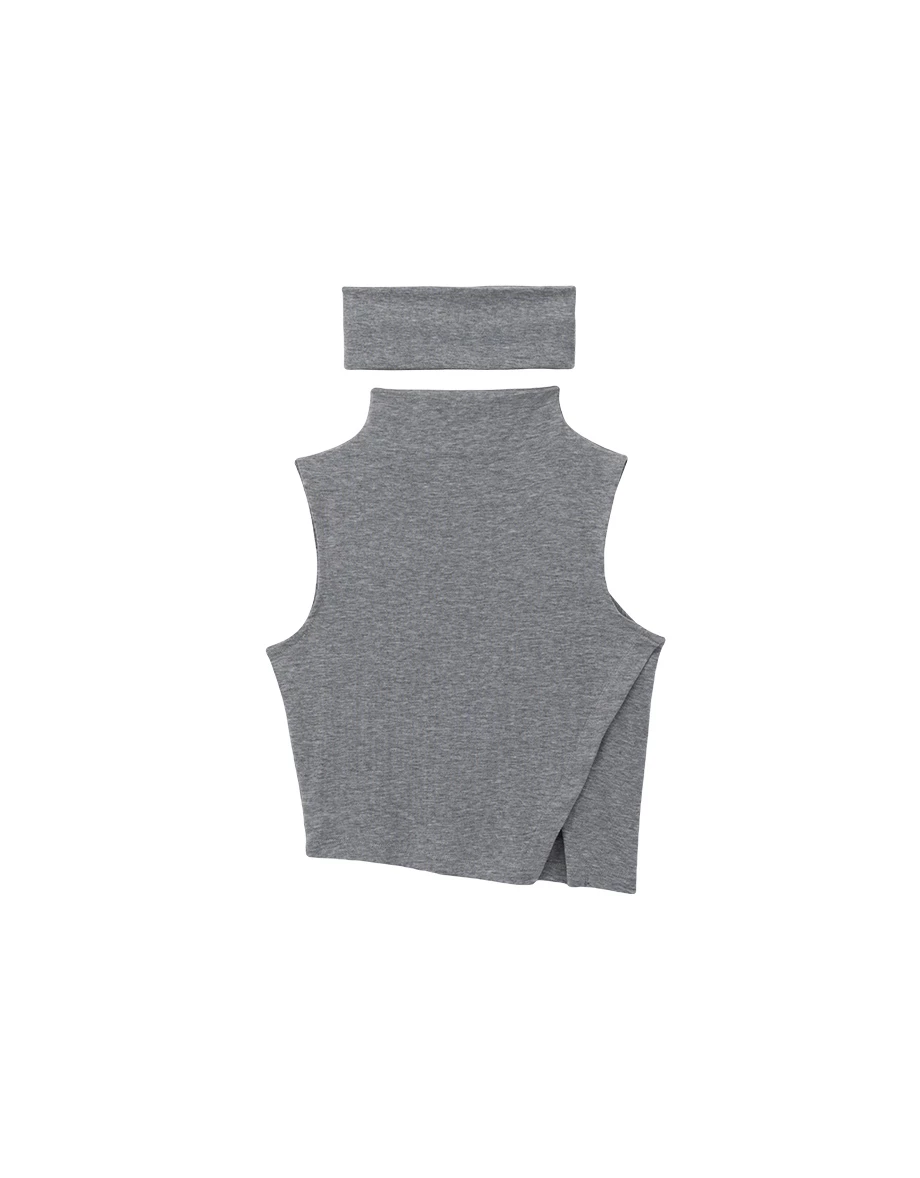 Mock Neck Asymmetric Split Hem Sleeveless Crop Top (with Headband) Mock Neck Asymmetric Split Hem Sleeveless Crop Top (with Headband)