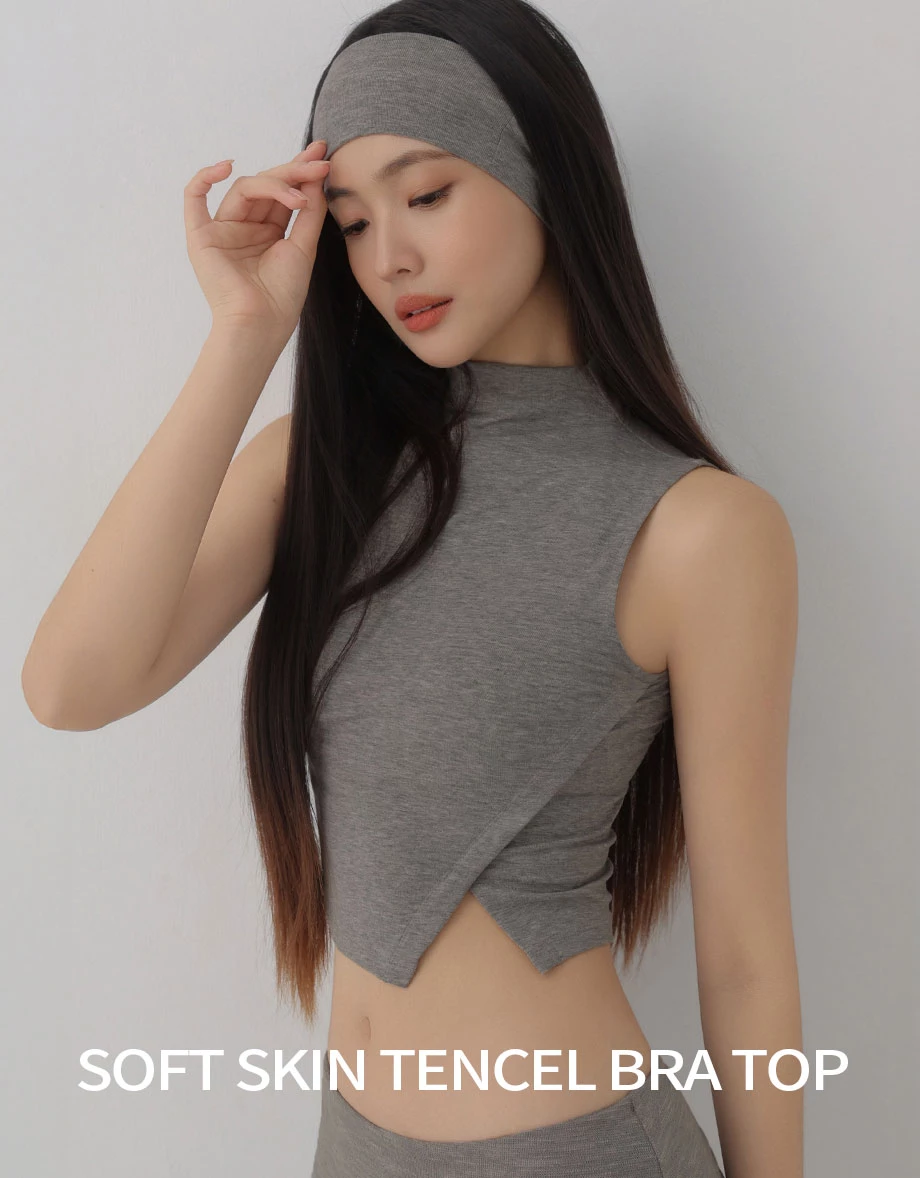 Mock Neck Asymmetric Split Hem Sleeveless Crop Top (with Headband)