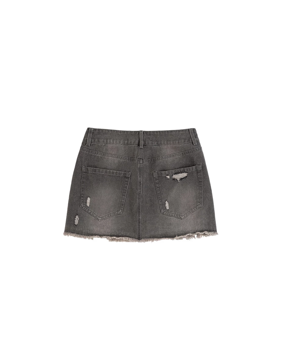 中腰刷破設計水洗牛仔短裙