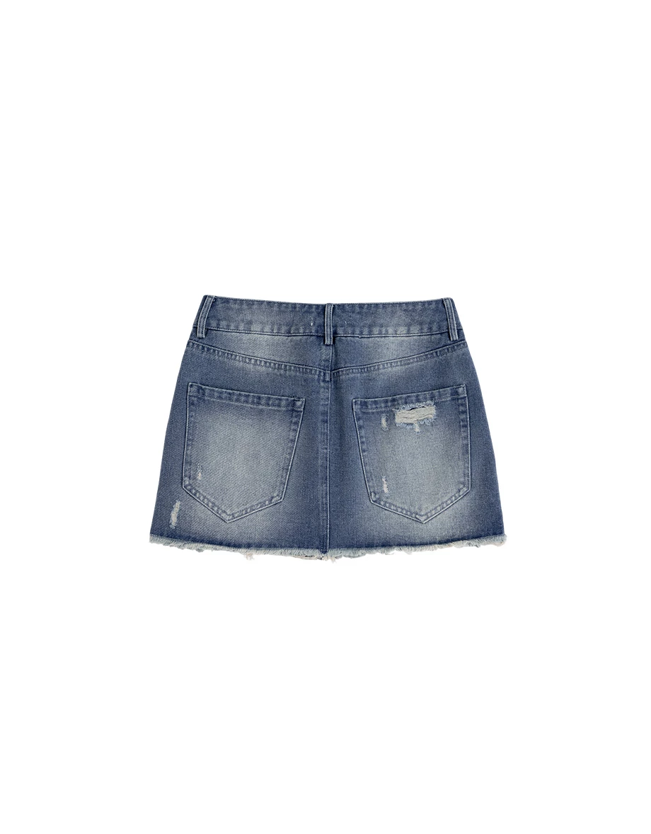 中腰刷破設計水洗牛仔短裙