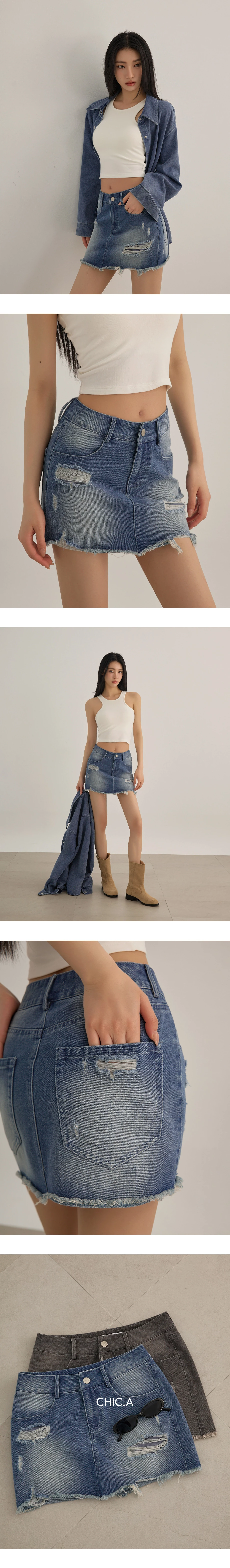 中腰刷破設計水洗牛仔短裙