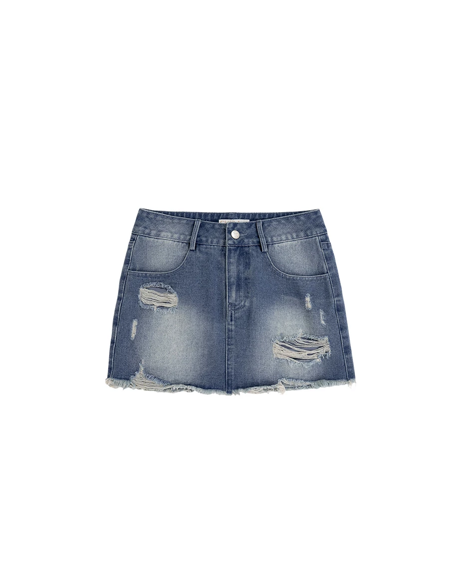 中腰刷破設計水洗牛仔短裙