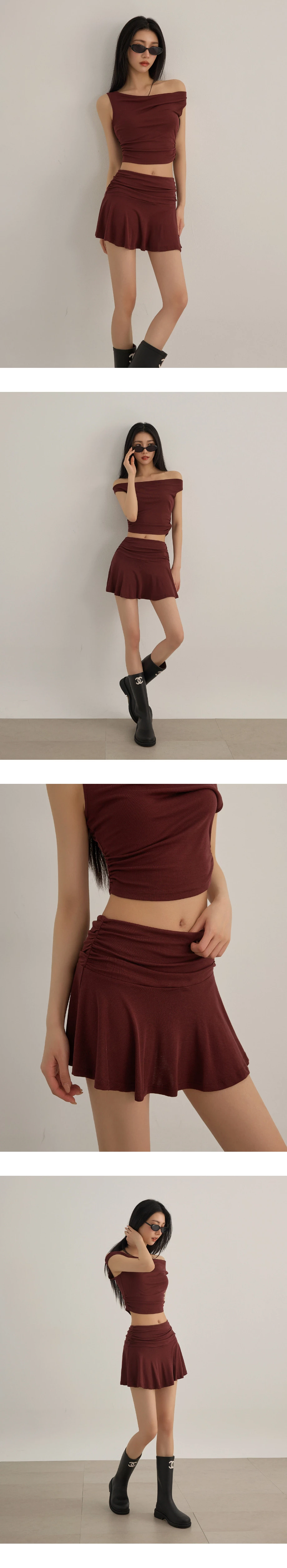 中腰側抓皺拼接傘擺短裙