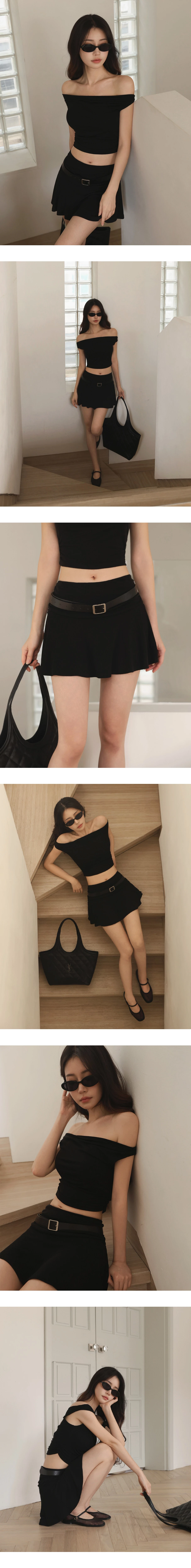 中腰側抓皺拼接傘擺短裙