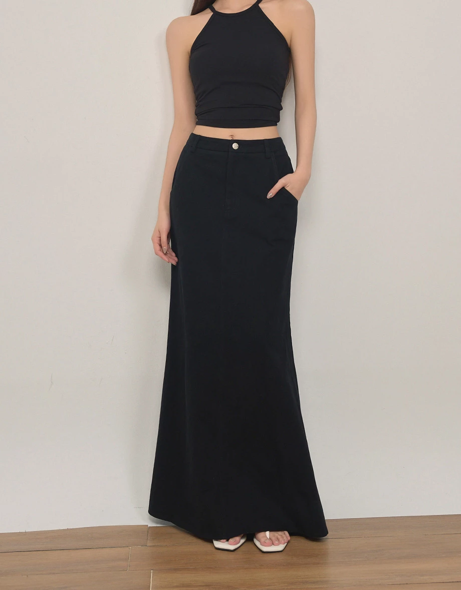 High Waist Back Slit A Line Twill Maxi Skirt