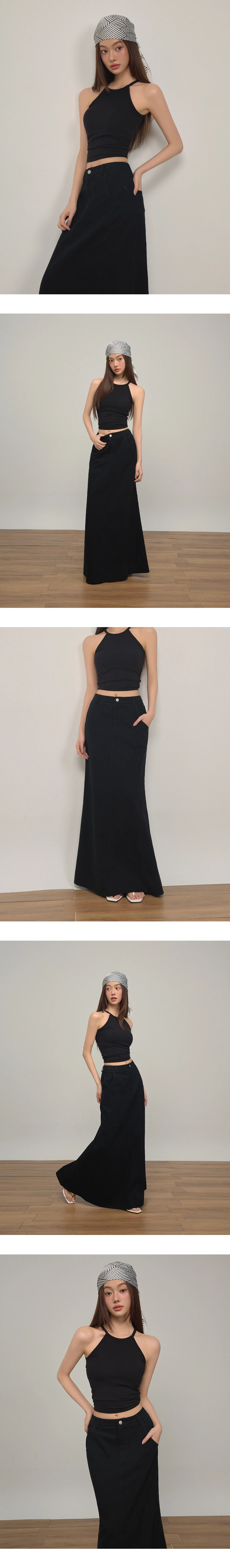 High Waist Back Slit A Line Twill Maxi Skirt
