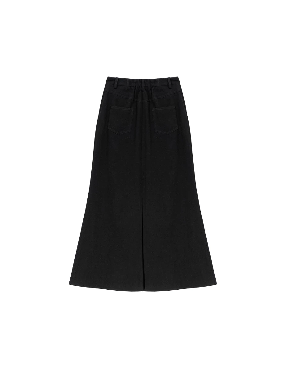 High Waist Back Slit A Line Twill Maxi Skirt
