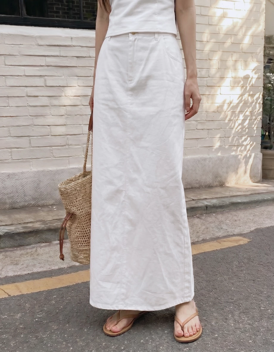 High Waist Back Slit A Line Twill Maxi Skirt