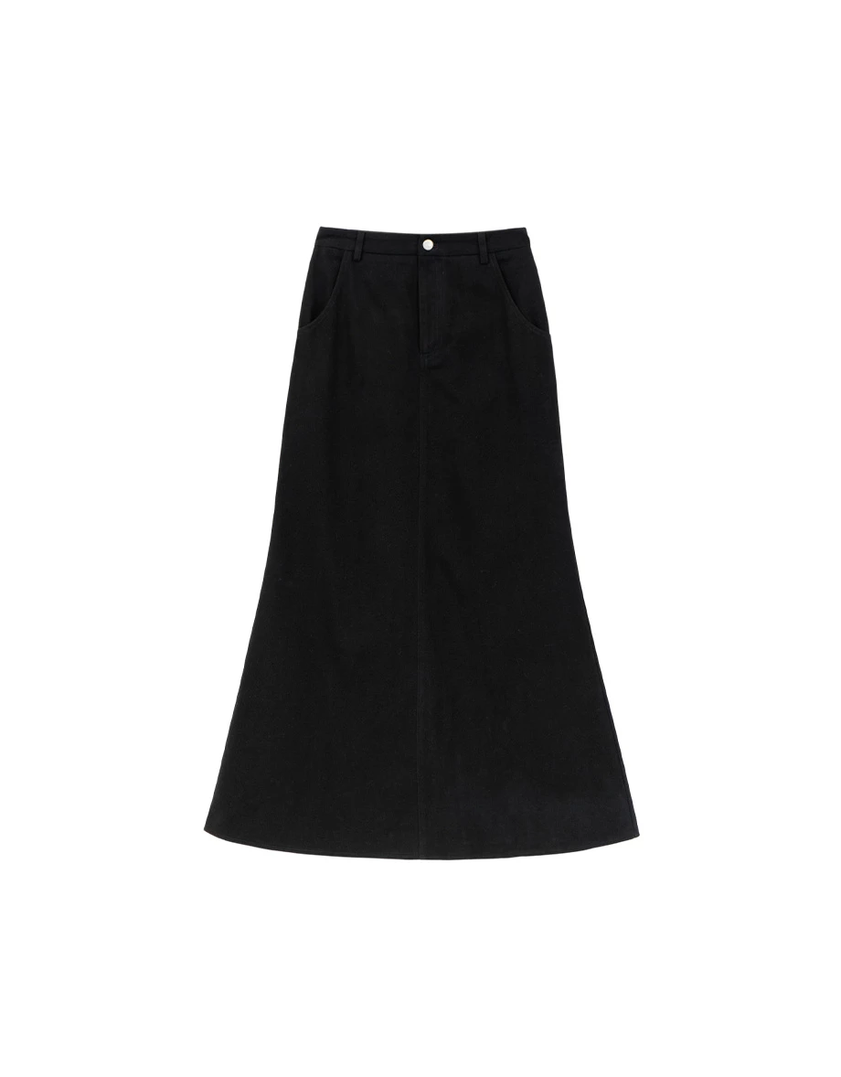 High Waist Back Slit A Line Twill Maxi Skirt