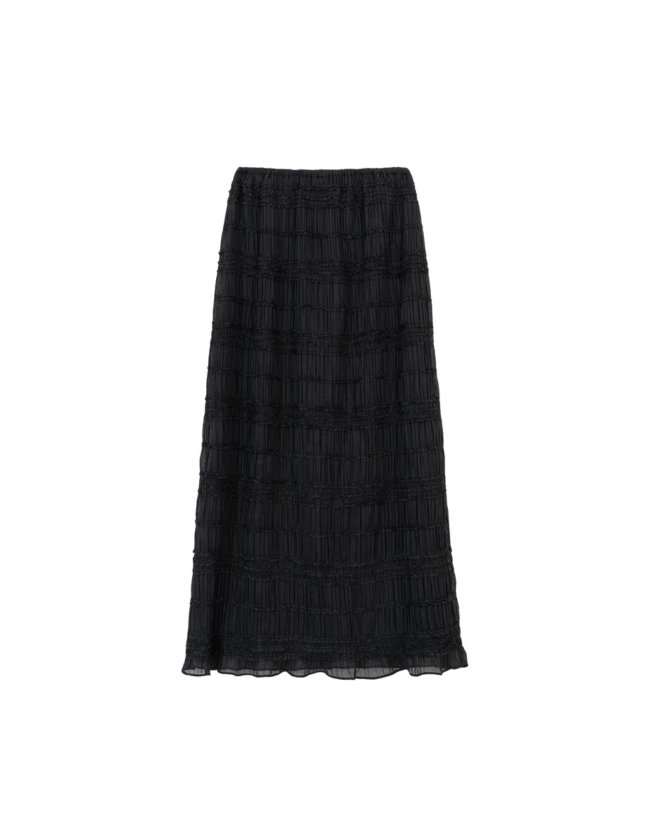 All Over Smocked Ruffled Hem A Line Maxi Skirt All Over Smocked Ruffled Hem A Line Maxi Skirt