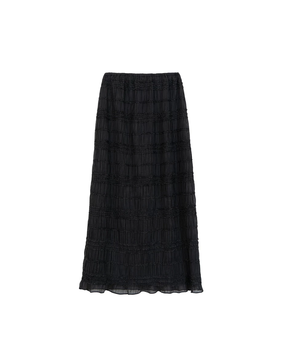 All Over Smocked Ruffled Hem A Line Maxi Skirt All Over Smocked Ruffled Hem A Line Maxi Skirt