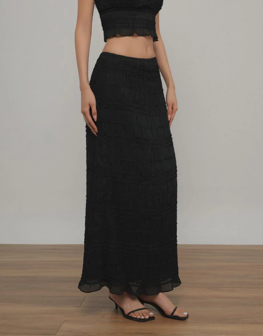 All Over Smocked Ruffled Hem A Line Maxi Skirt All Over Smocked Ruffled Hem A Line Maxi Skirt