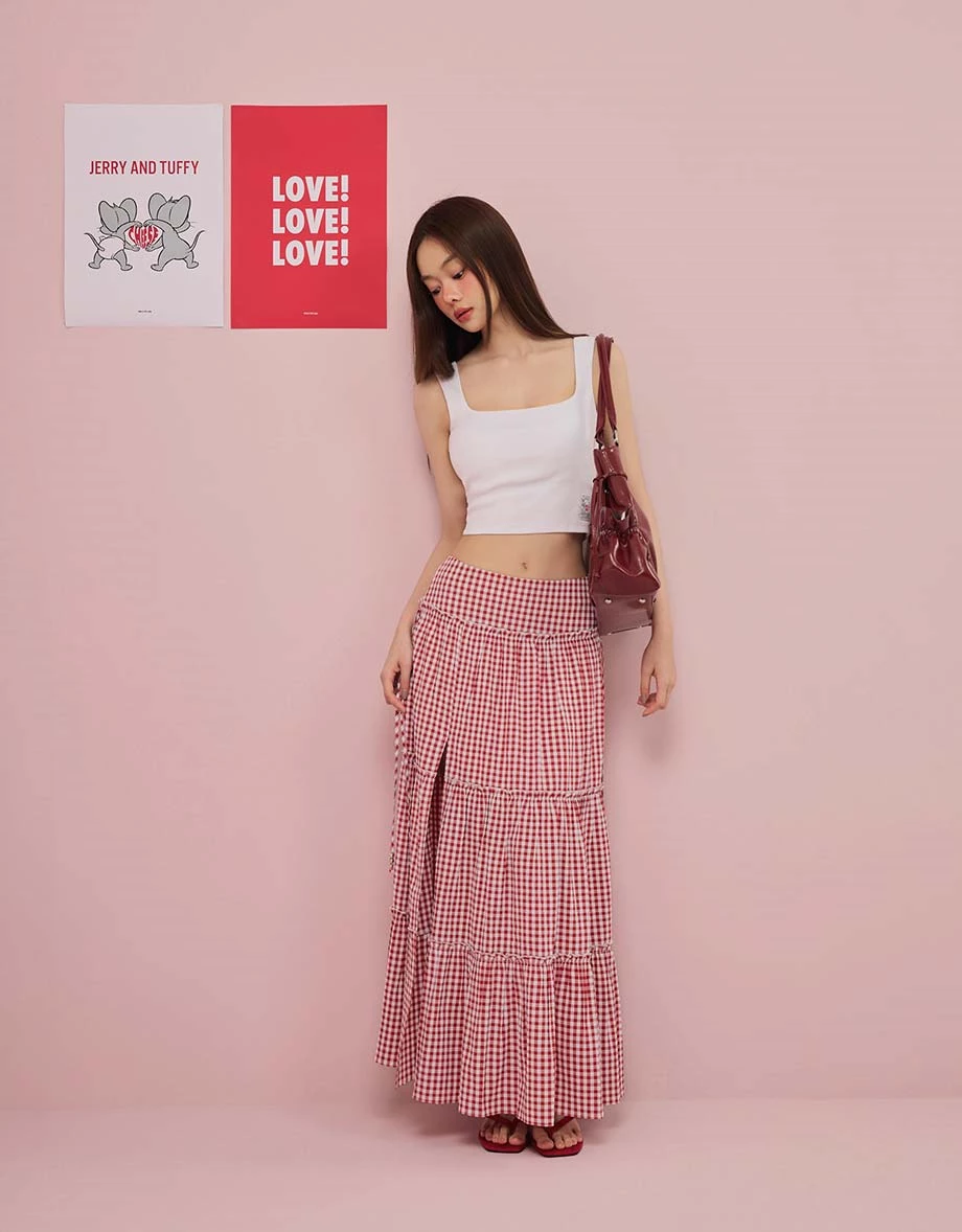 細格紋雙側串珠綁帶開衩蛋糕長裙 細格紋雙側串珠綁帶開衩蛋糕長裙