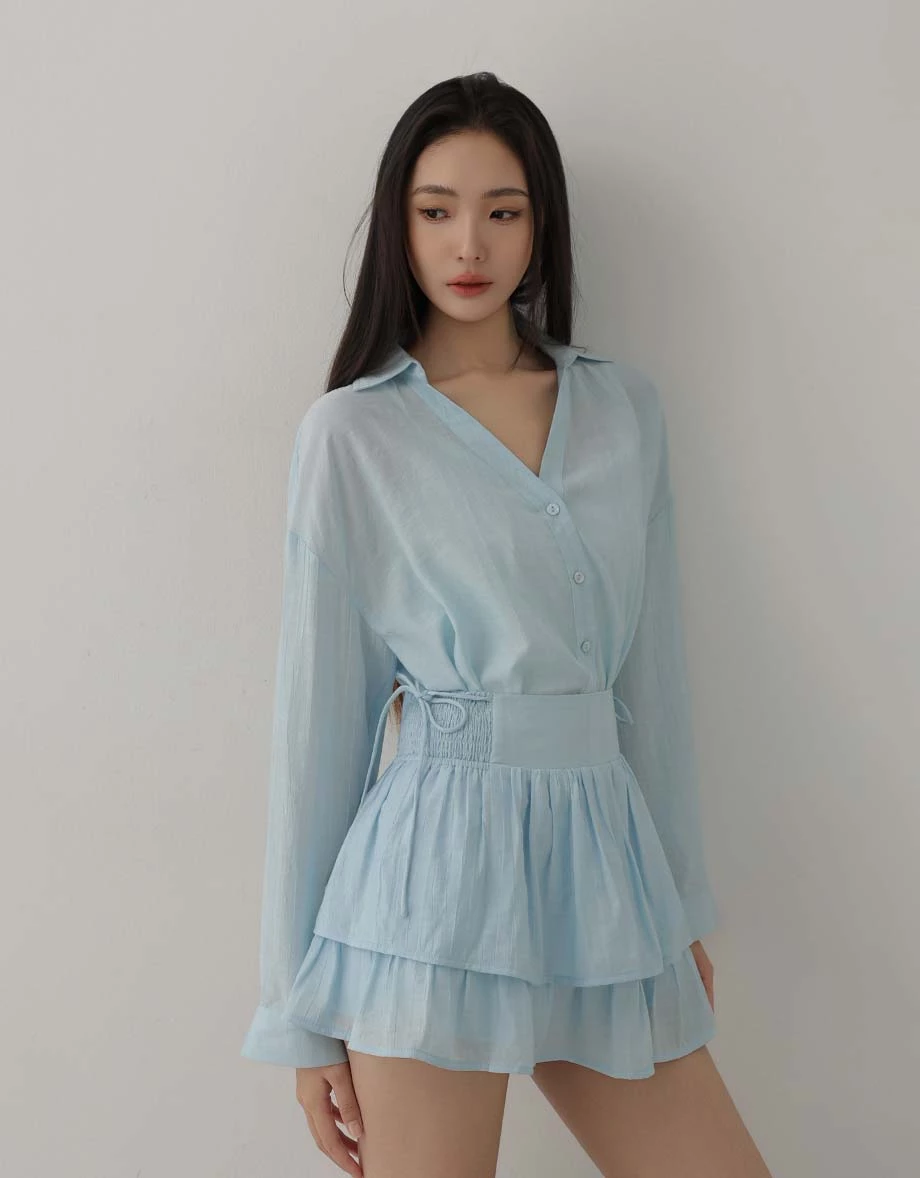 Smocked Side Drawstring Tiered Ruffle Mini Skirt Smocked Side Drawstring Tiered Ruffle Mini Skirt