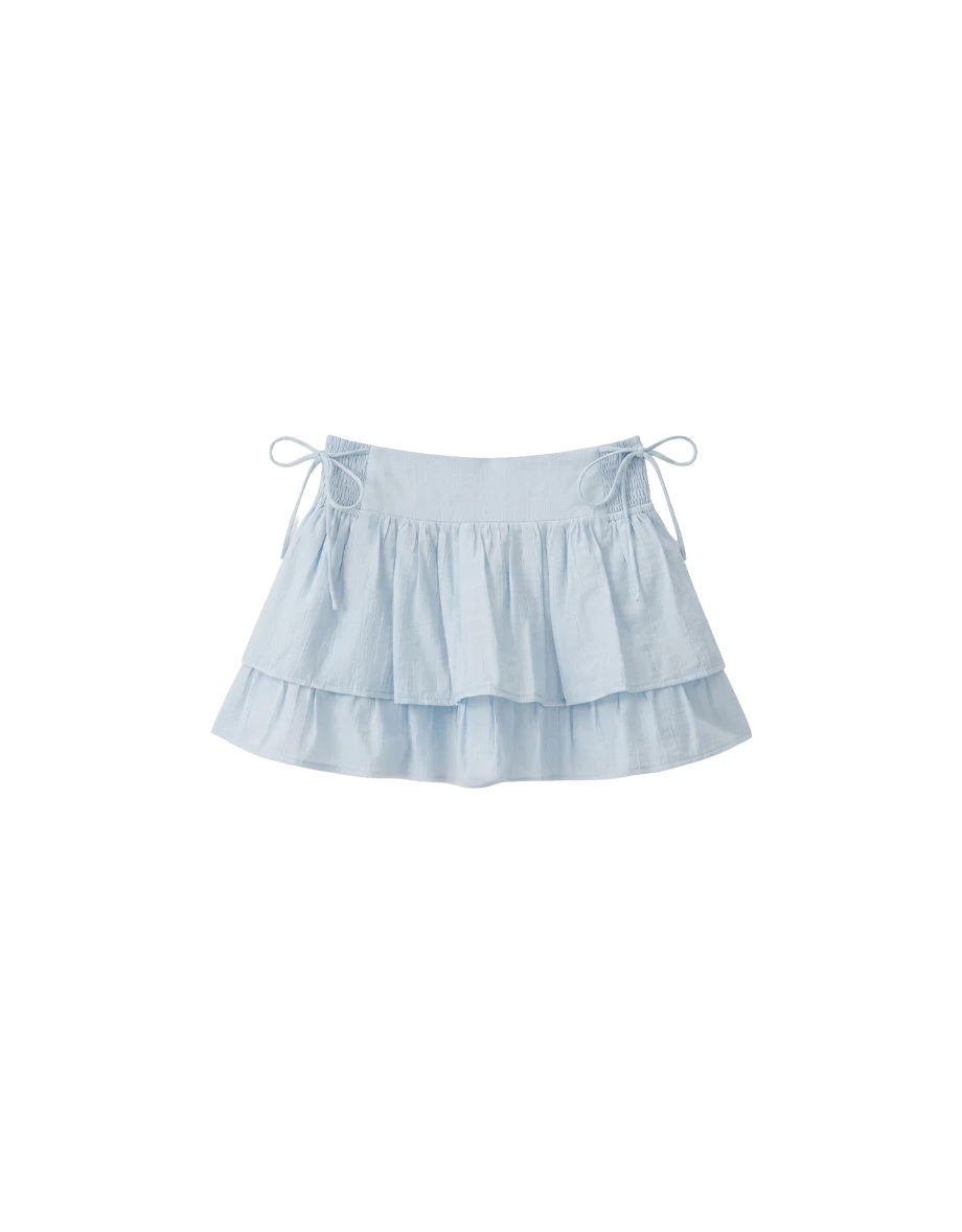 Smocked Side Drawstring Tiered Ruffle Mini Skirt