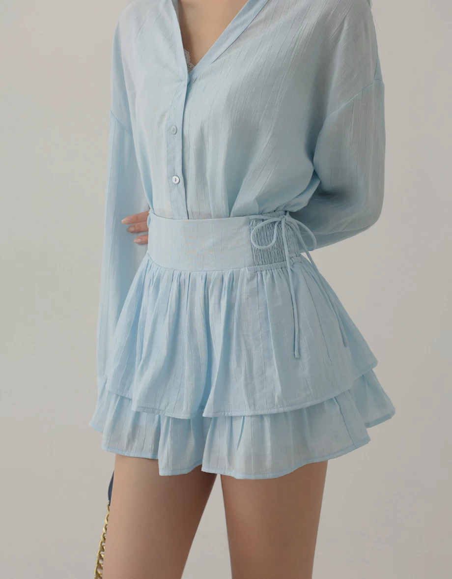 Smocked Side Drawstring Tiered Ruffle Mini Skirt