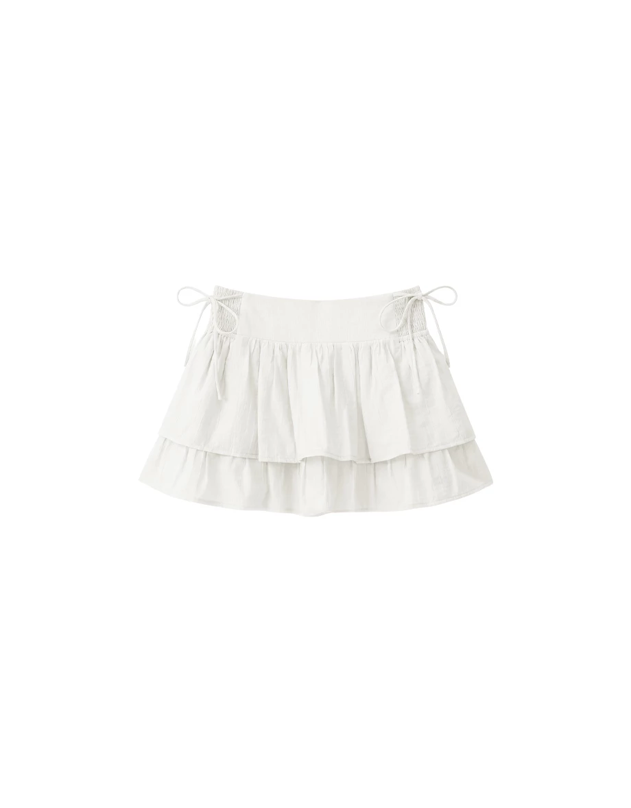 Smocked Side Drawstring Tiered Ruffle Mini Skirt