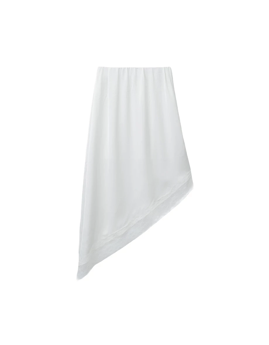 Asymmetric Lace Trim Satin Maxi Skirt