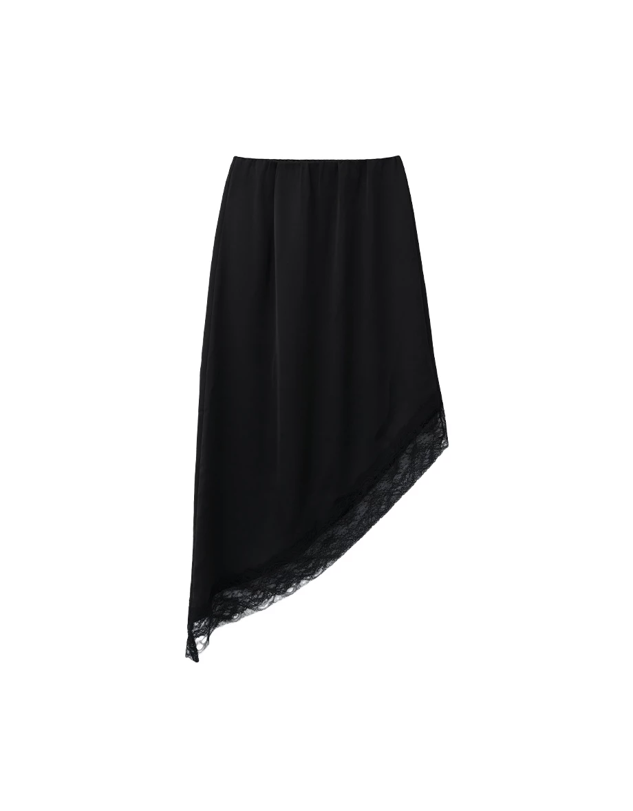 Asymmetric Lace Trim Satin Maxi Skirt