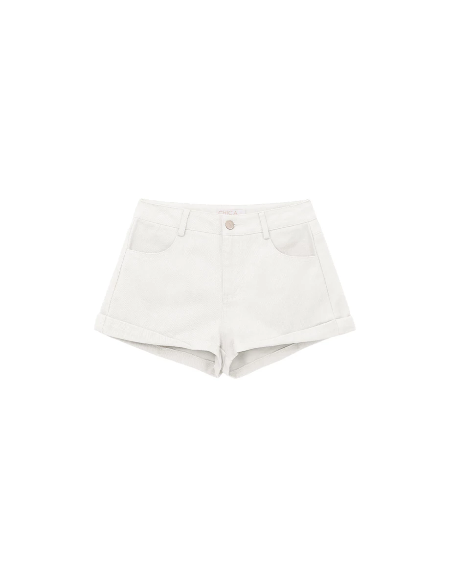 中低腰反摺褲管斜紋短褲