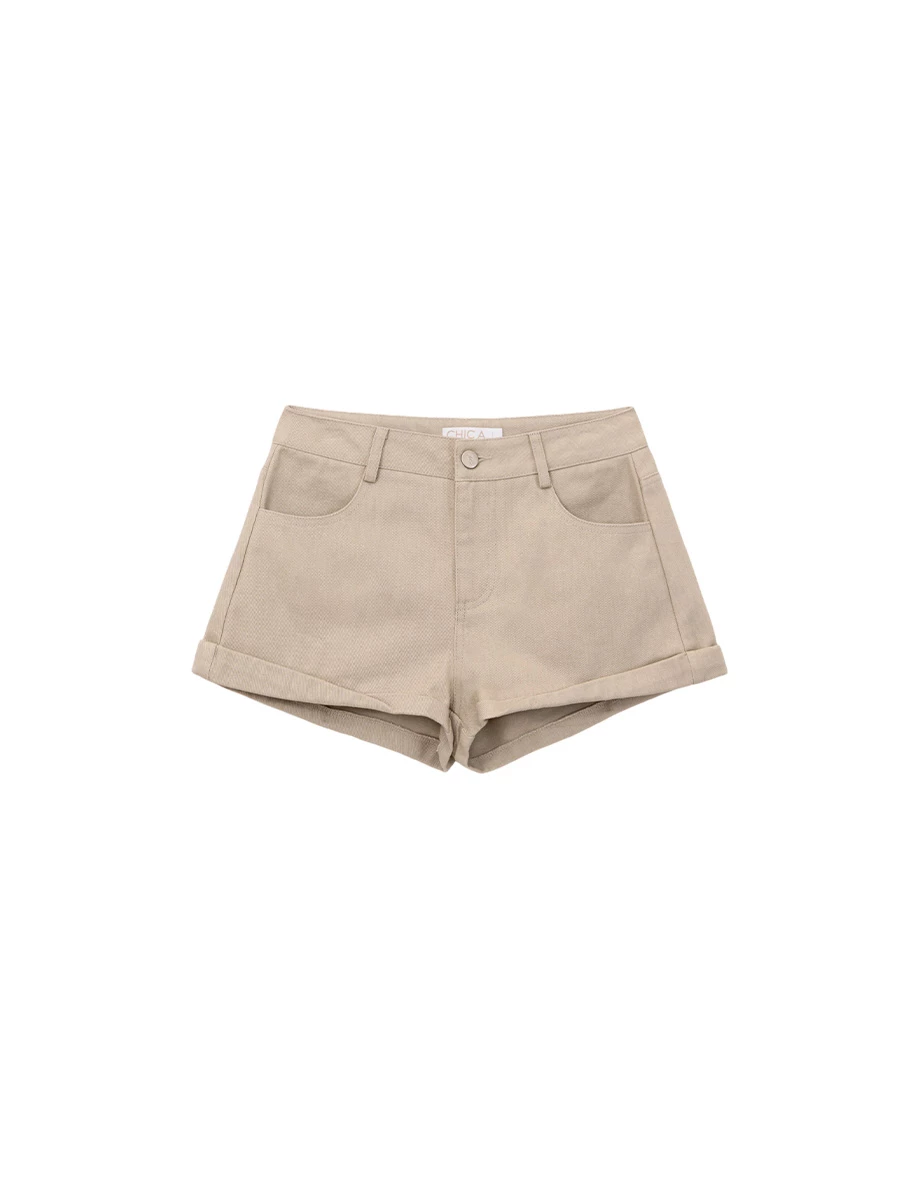 中低腰反摺褲管斜紋短褲