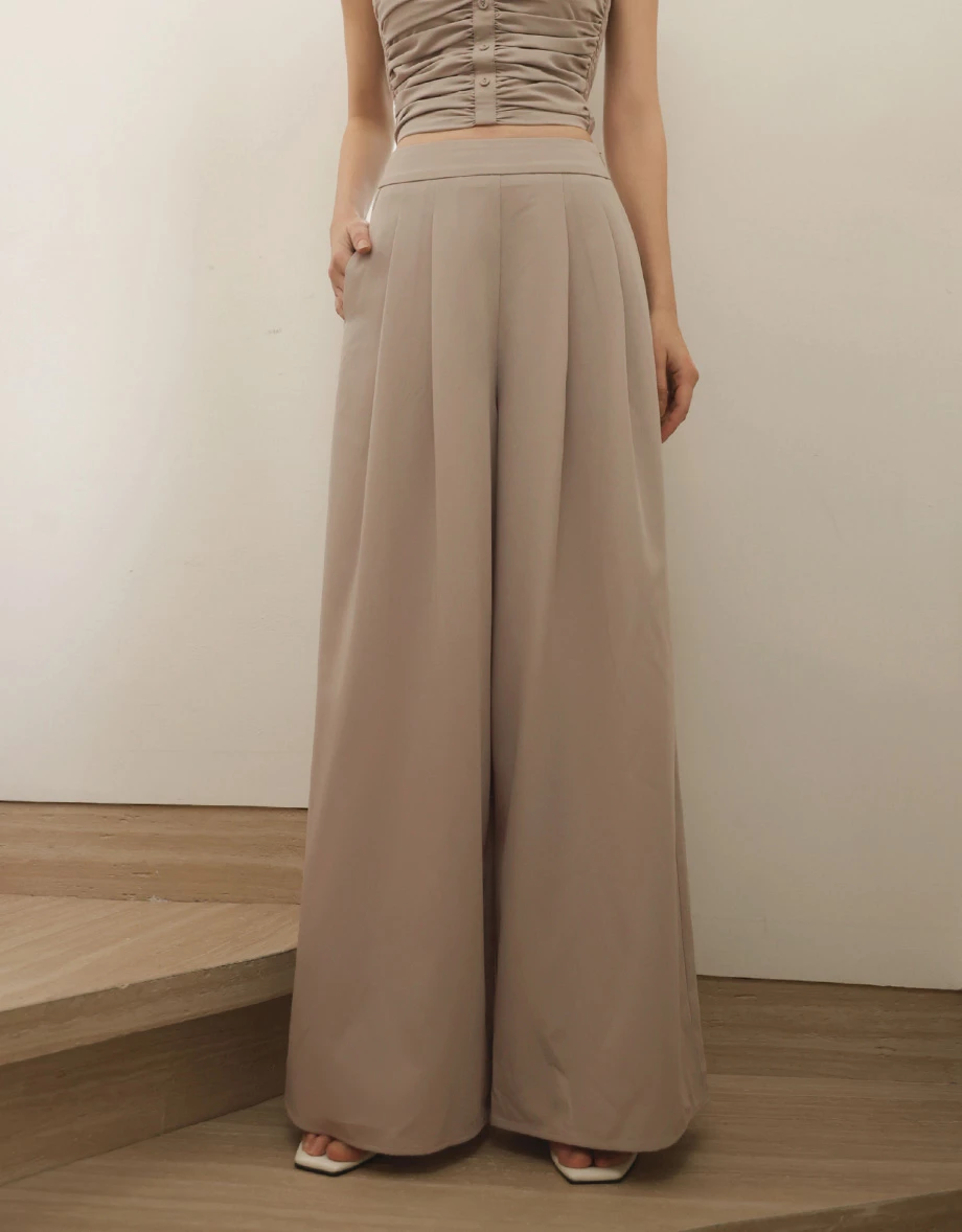 簡約雙褶寬管長褲