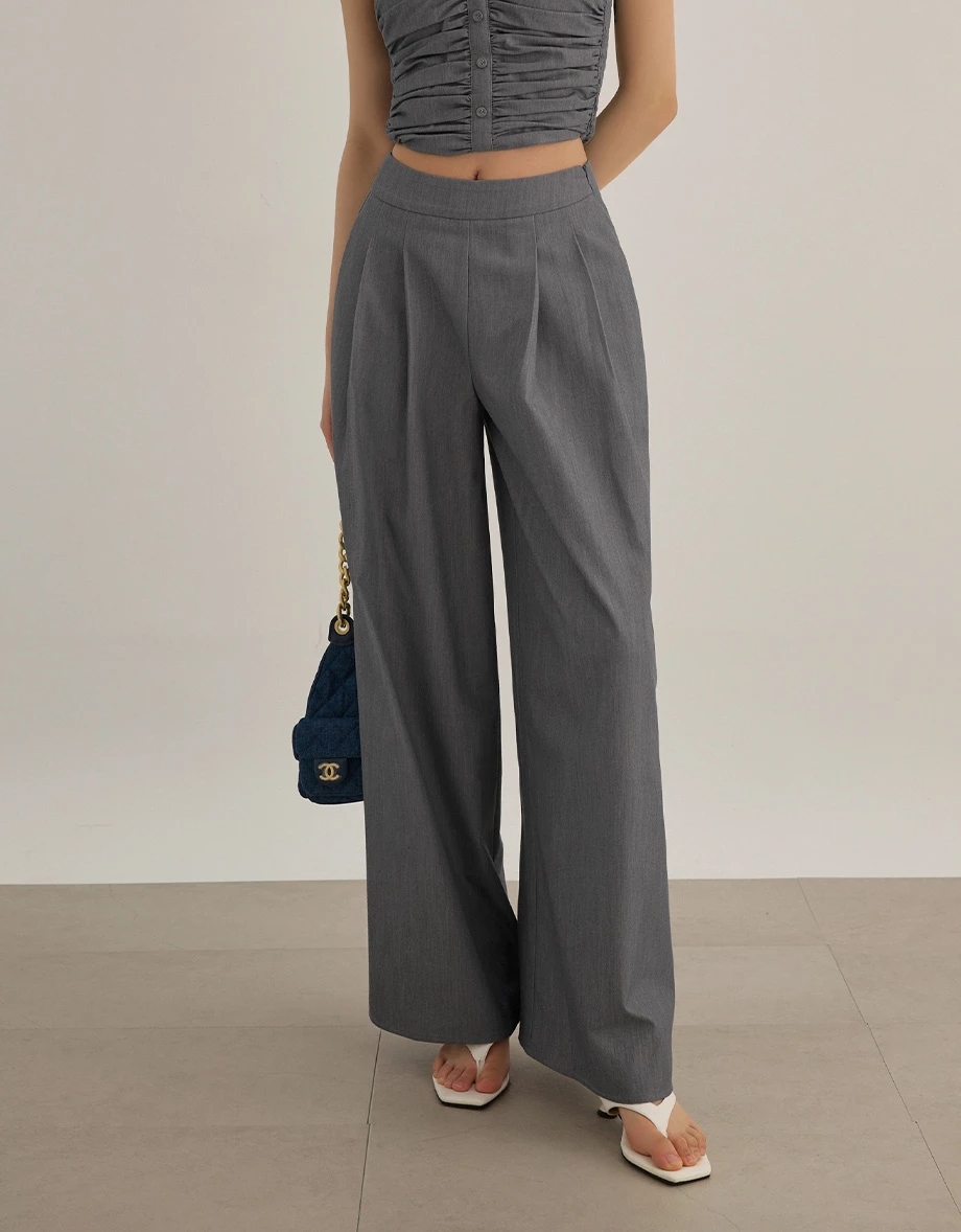 簡約雙褶寬管長褲