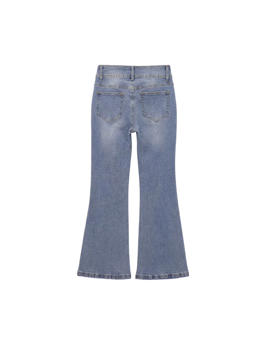 雙扣水洗刷破修身小喇叭牛仔褲