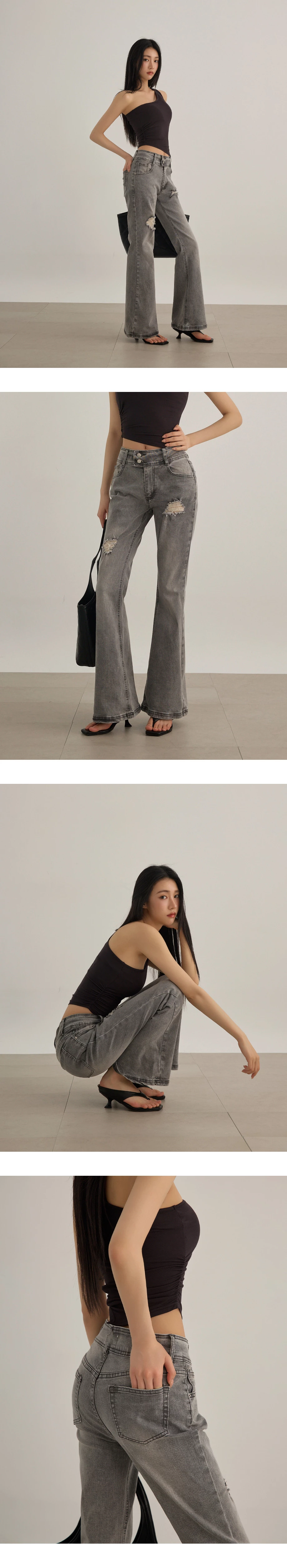 雙扣水洗刷破修身小喇叭牛仔褲