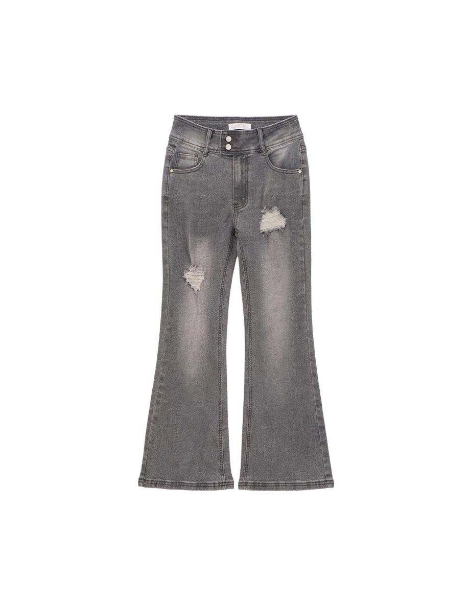 雙扣水洗刷破修身小喇叭牛仔褲