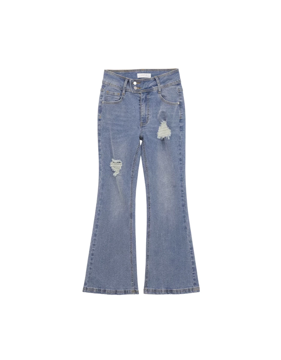 雙扣水洗刷破修身小喇叭牛仔褲