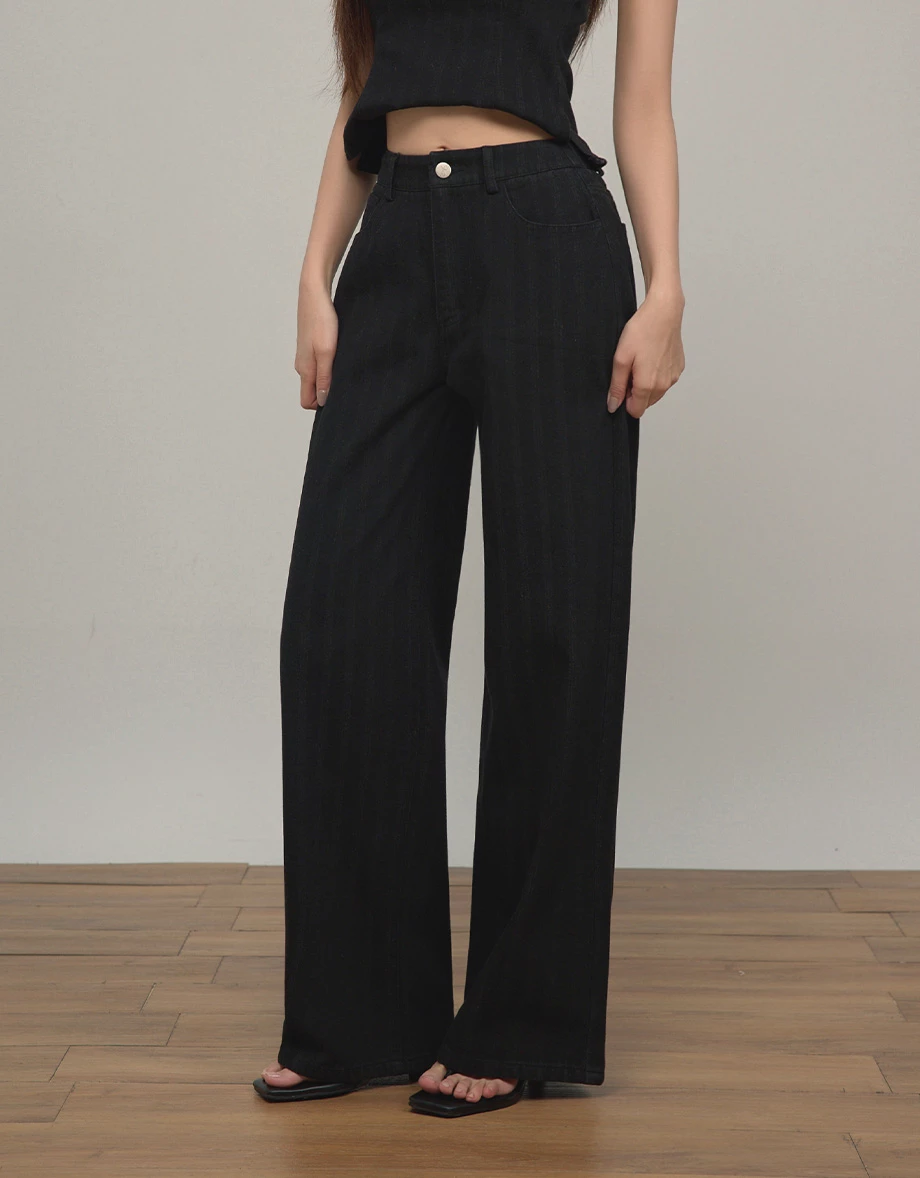 High Waist Longline Silhouette Wide Leg Denim Pants with Pockets