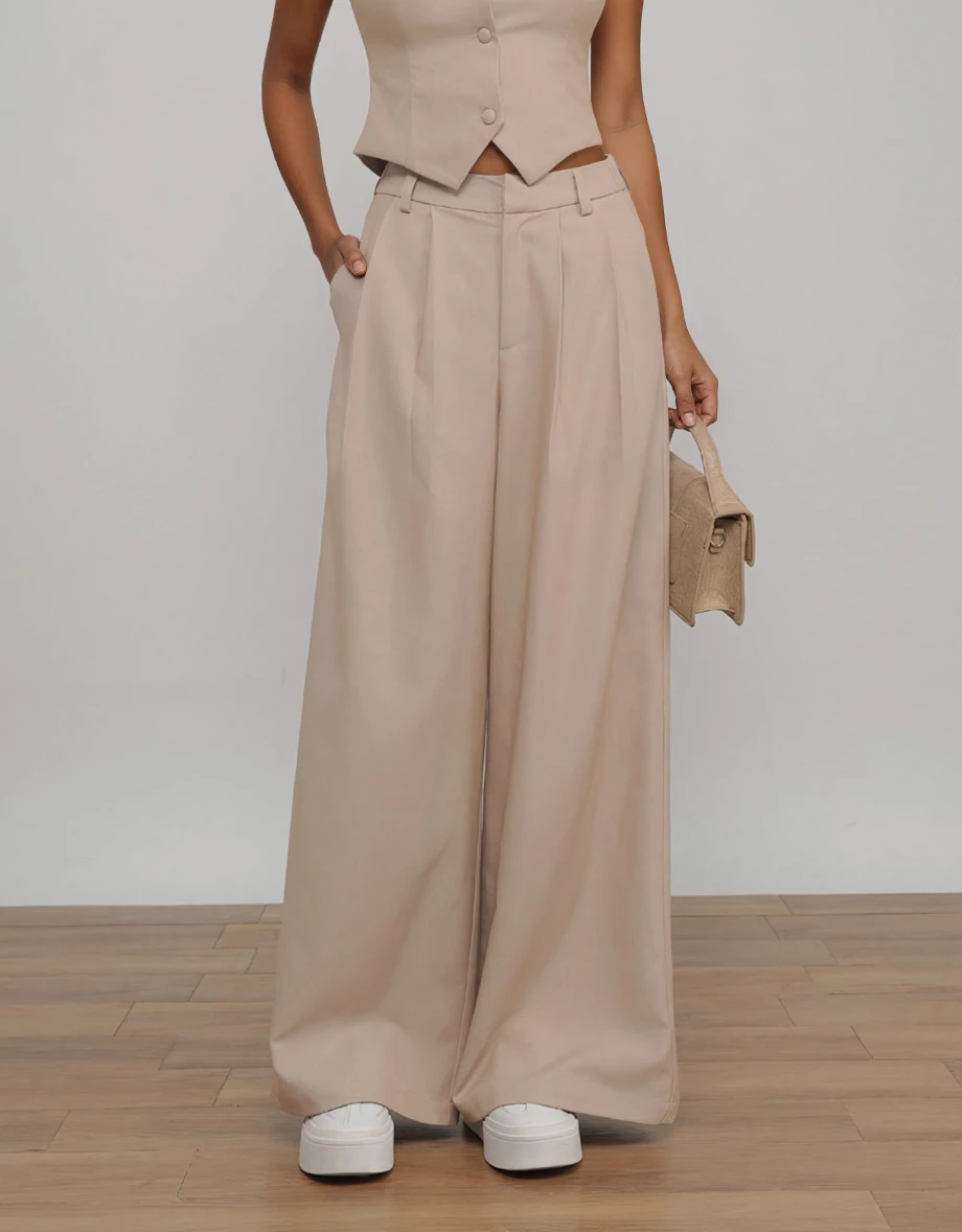 High Waist Double Pleated Wide Leg Trousers Pants