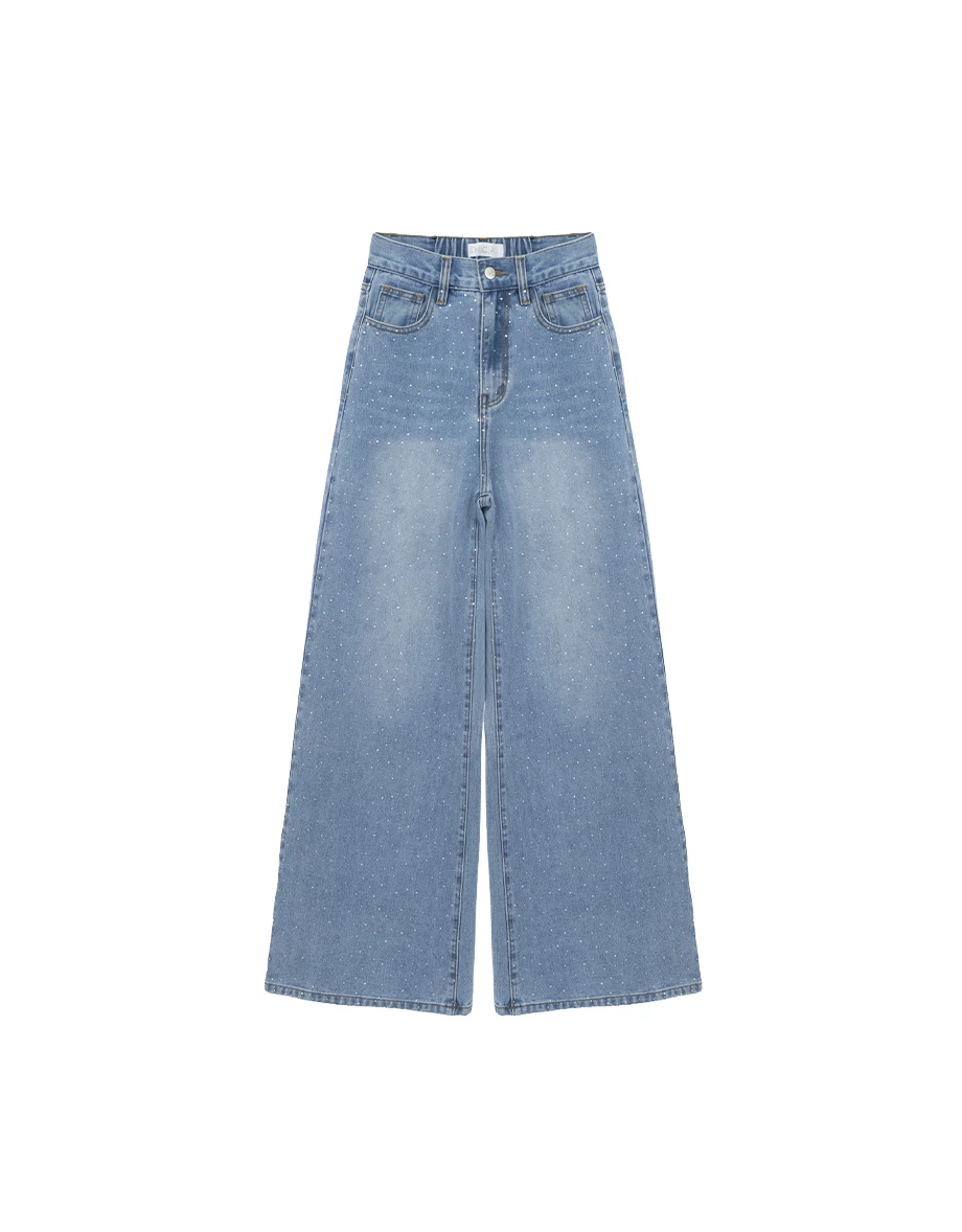 All Over Rhinestone Studded Wide Leg Jeans Denim Pants