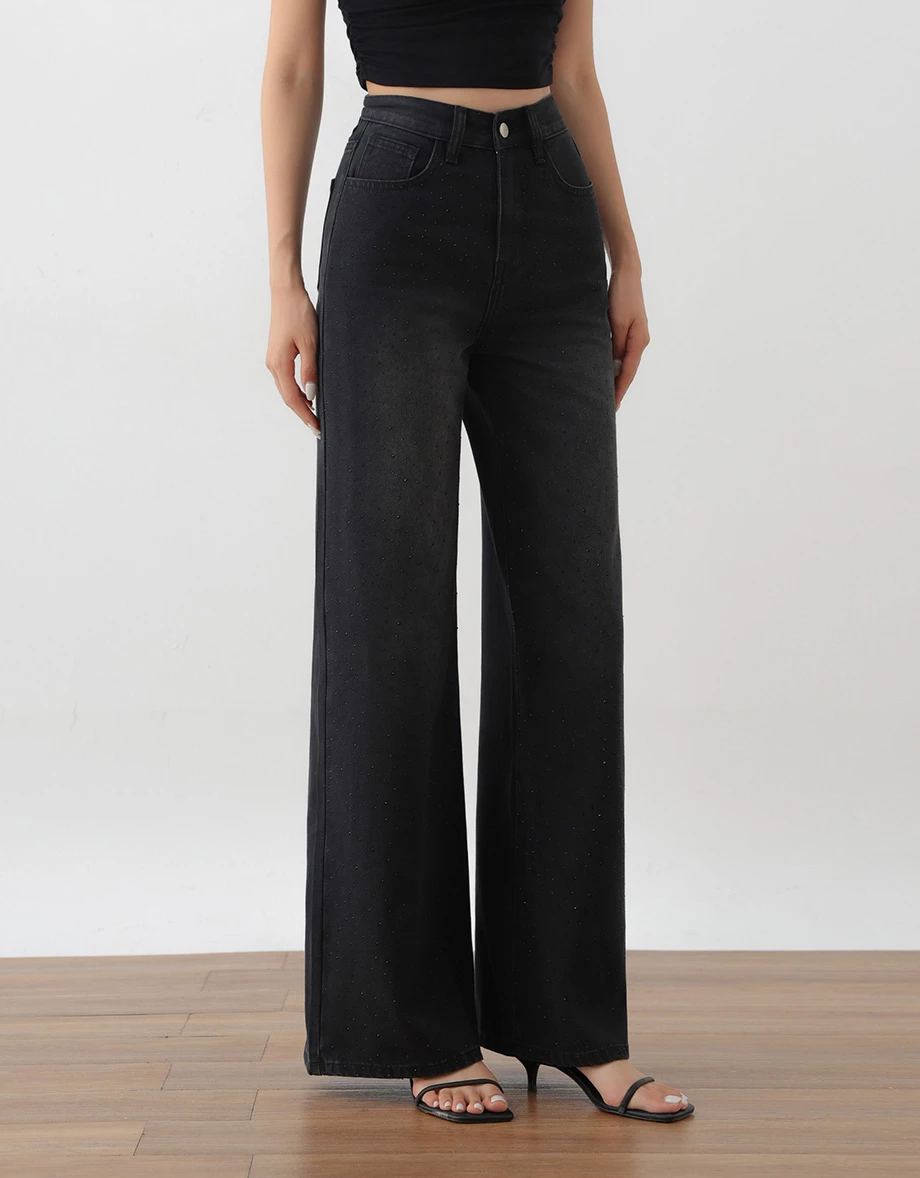 All Over Rhinestone Studded Wide Leg Jeans Denim Pants