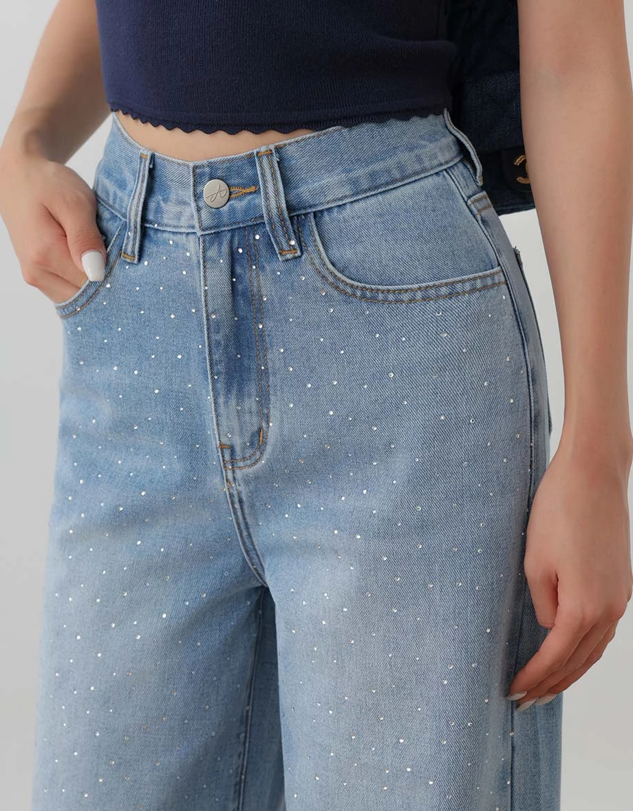 All Over Rhinestone Studded Wide Leg Jeans Denim Pants