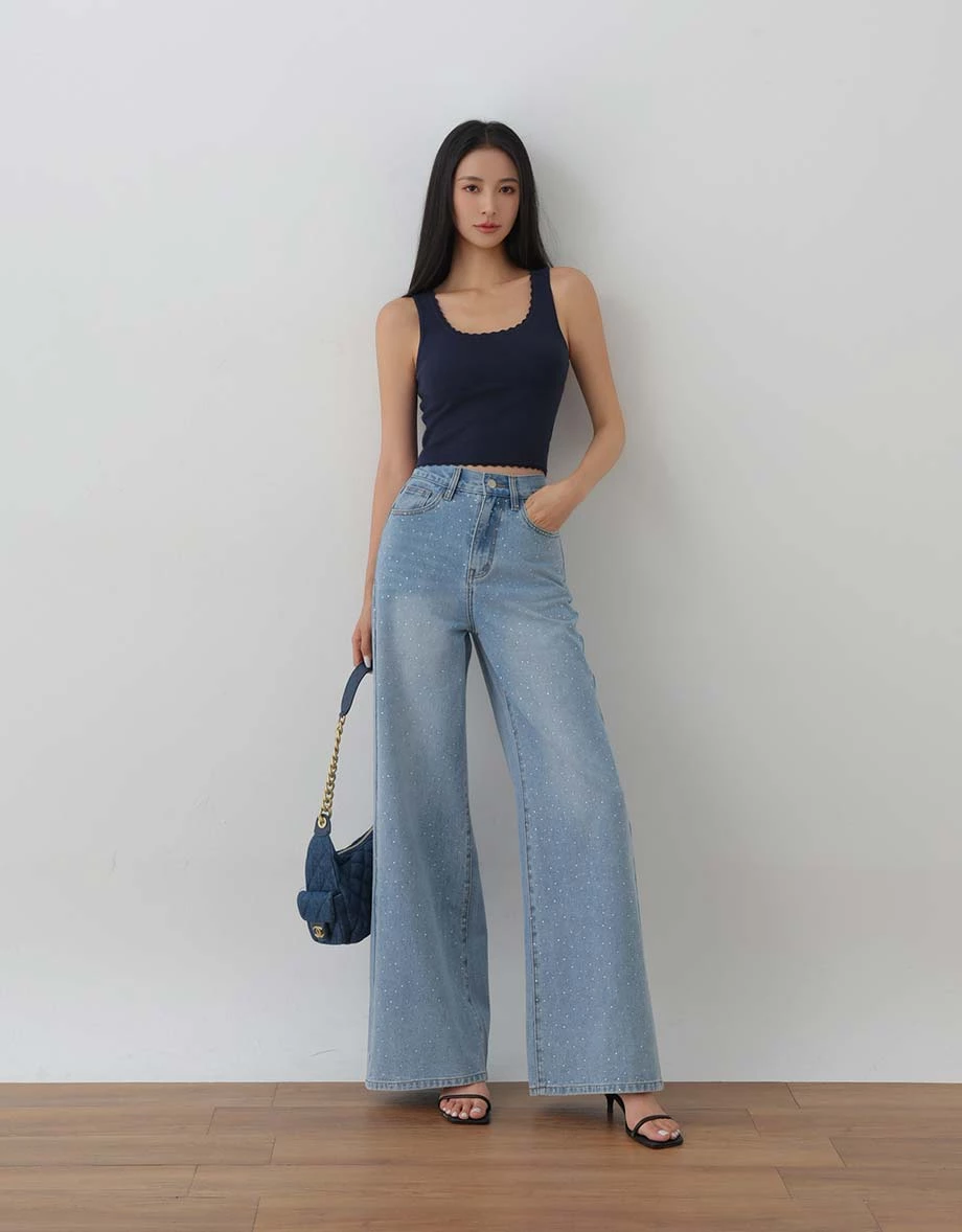 All Over Rhinestone Studded Wide Leg Jeans Denim Pants