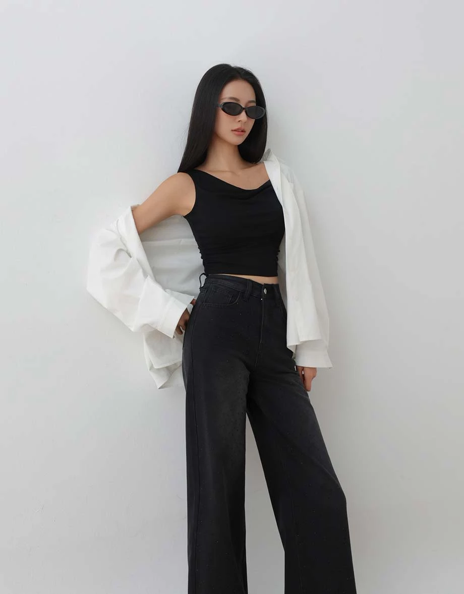 All Over Rhinestone Studded Wide Leg Jeans Denim Pants