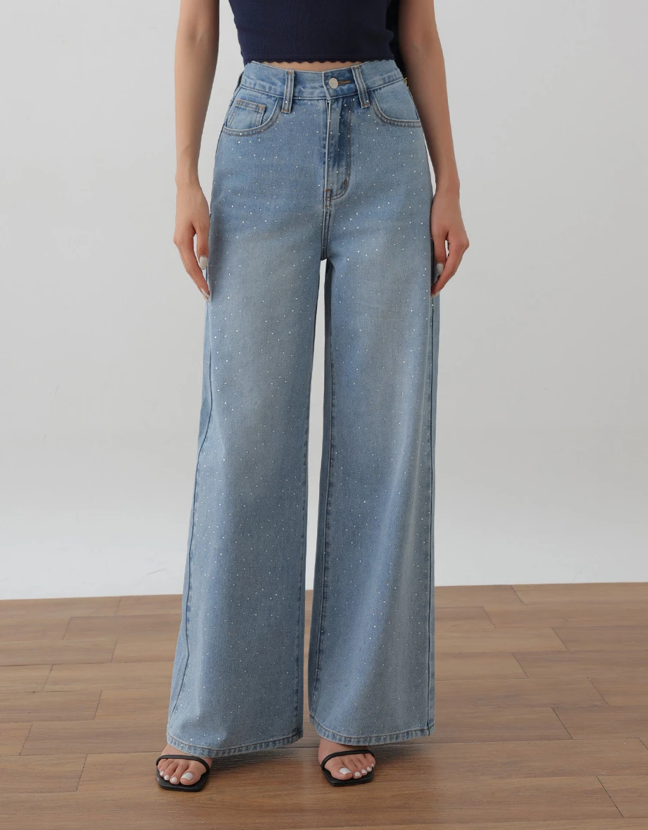 All Over Rhinestone Studded Wide Leg Jeans Denim Pants