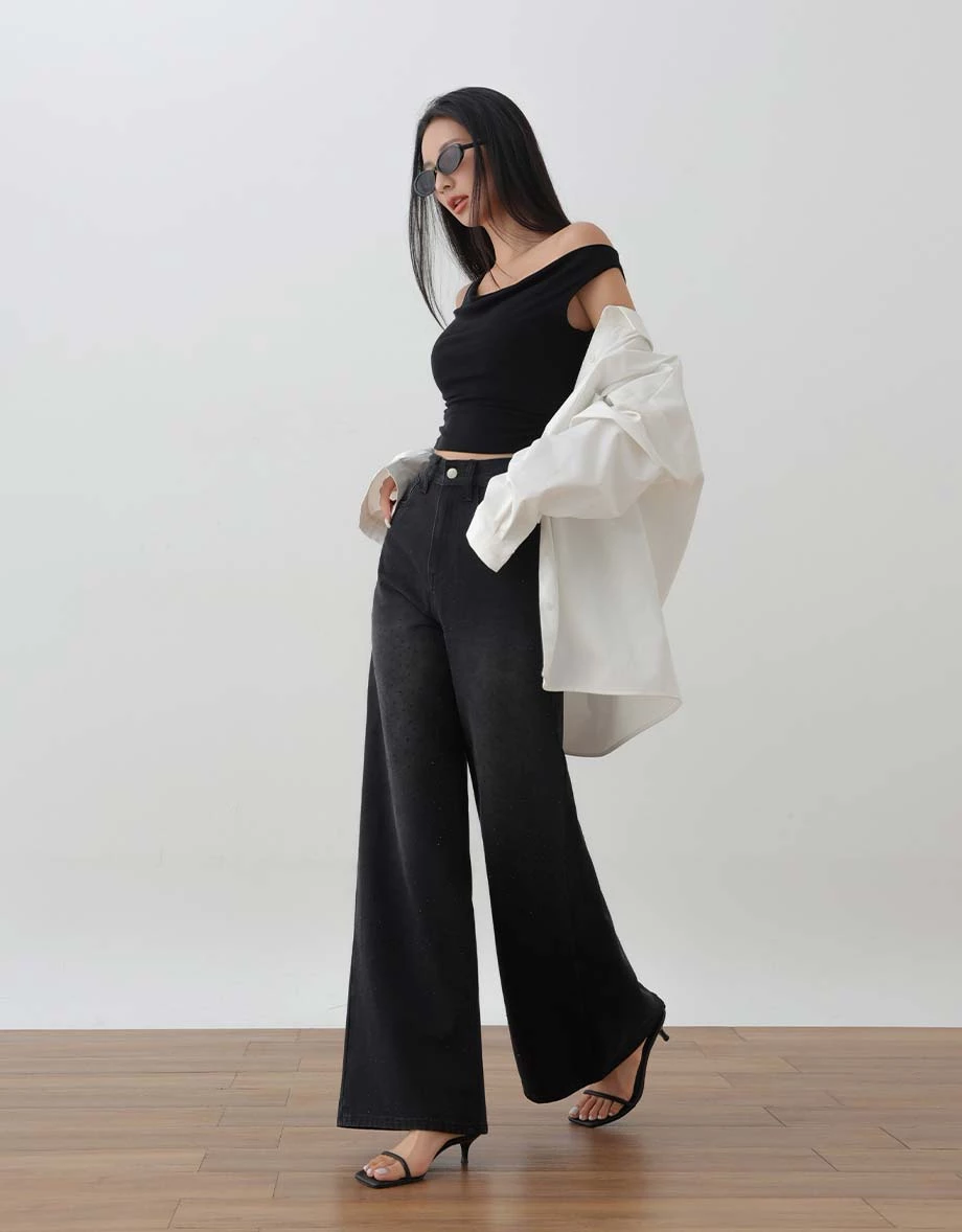 All Over Rhinestone Studded Wide Leg Jeans Denim Pants