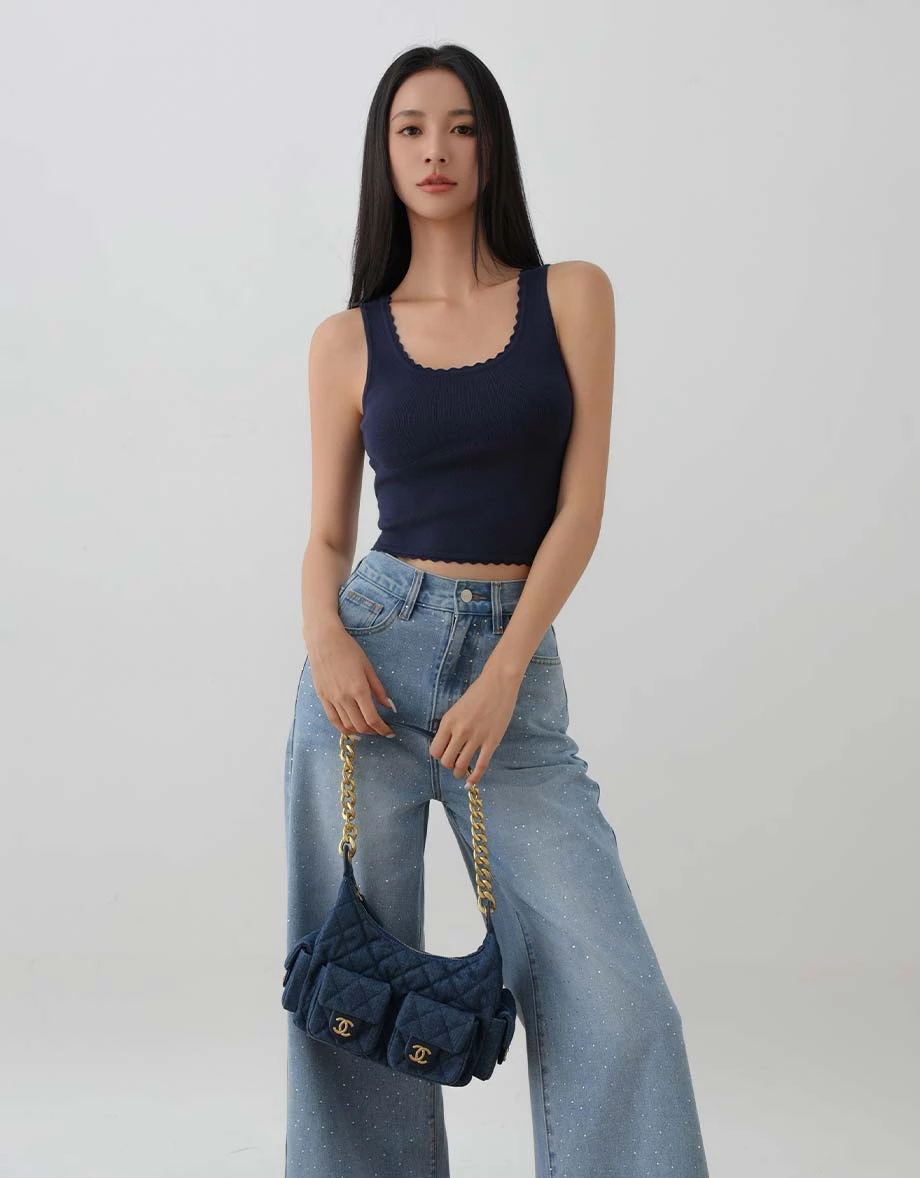 All Over Rhinestone Studded Wide Leg Jeans Denim Pants