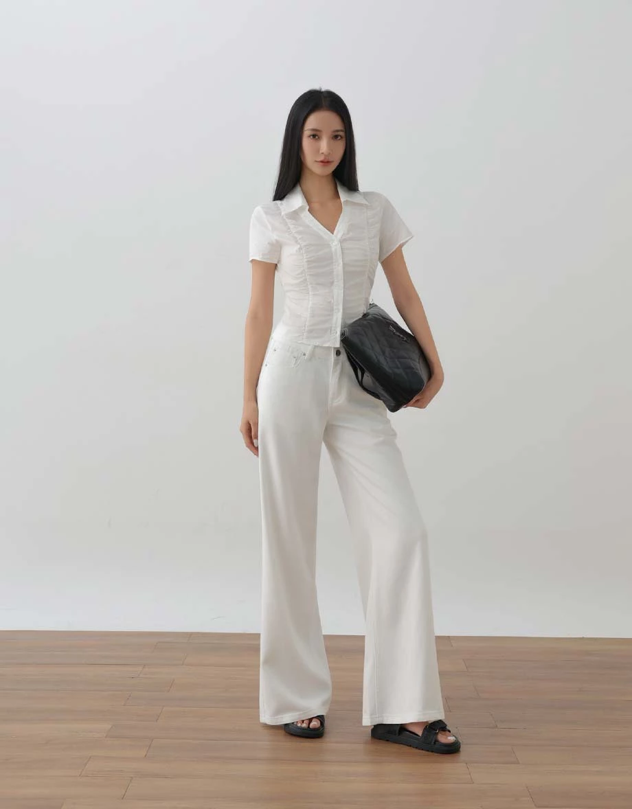 高腰斜紋休閒寬褲 高腰斜紋休閒寬褲