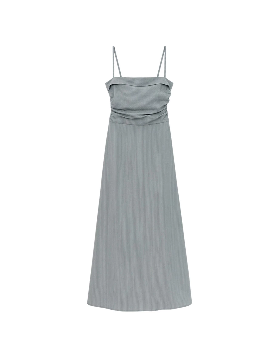 細肩帶反摺平口抓皺設計條紋傘擺長洋裝(附胸墊)